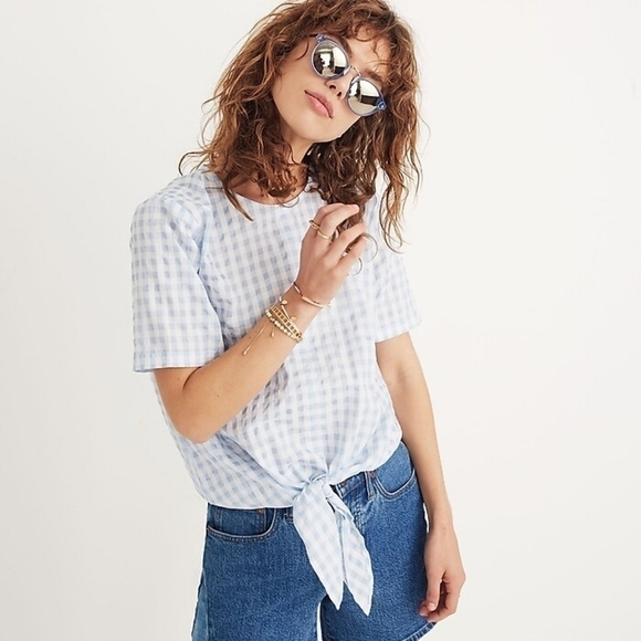 Madewell Button-Back Tie Tee in Gingham Check sz S - Picture 1 of 7